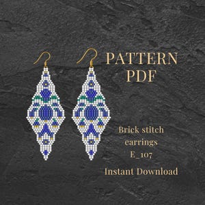 Brick Stitch Floral Earrings Pattern PDF – Blue Miyuki Seed Bead Bohemian Design