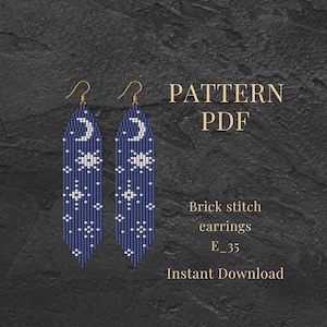 Brick Stitch Moon Phase Earrings Pattern PDF Navy Blue Fringe Beaded Earrings Bohemian Jewelry