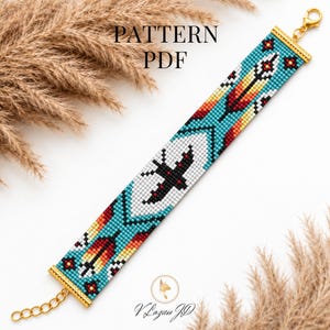 May include: A beaded bracelet featuring a turquoise background with a repeating pattern of black bird silhouettes, white geometric shapes, and orange and yellow feather motifs. The bracelet has gold-tone metal end caps and a lobster claw clasp.