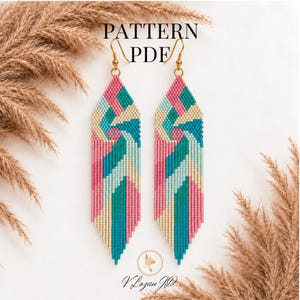 May include: A pair of long, geometric beaded earrings featuring a multi-colored pattern of pink, teal, light blue, and cream beads. The earrings have gold-tone metal hooks and a pointed, fringed bottom edge. The text PATTERN PDF is visible.