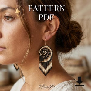 May include: Close-up of a woman wearing beaded earrings. The earrings feature a spiral design in black and tan, with black fringe. The image includes the text "PATTERN PDF" and a download icon.