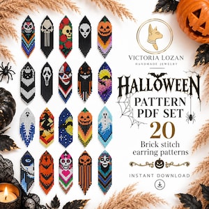 Pacote com 20 padrões em PDF para brincos de Halloween em ponto tijolo, tutorial de miçangas, download digital