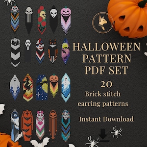 Może przedstawiać: Cyfrowy zestaw PDF zawierający 20 wzorów kolczyków wykonanych ściegiem cegiełkowym o tematyce Halloween. Kolekcja obejmuje kolorowe wzory z koralików przedstawiające czaszki, duchy, dynie, koty i czarownice. Tekst głosi HALLOWEEN PATTERN PDF SET 20 Brick stitch earring patterns Instant Download.