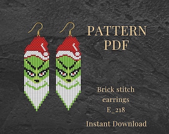 Motif de boucles d'oreilles Brick Stitch rigolotes en forme de visage de Grinch PDF | Conception de perles de rocaille