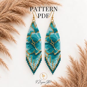 May include: A pair of long, pointed beaded earrings featuring a geometric pattern in shades of teal, light blue, and gold. The earrings hang from gold-toned hooks and are labeled with the text PATTERN PDF and V Lozan JD.