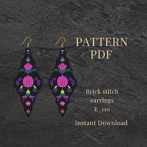 May include: Pair of black brick stitch earrings with a floral pattern in pink, purple, green, and yellow. The earrings have gold-coloured hooks. The image includes the text "PATTERN PDF", "Brick stitch earrings E_110", and "Instant Download".