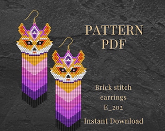 Molde em PDF para brincos de raposa com miçangas, técnica Miyuki Brick Stitch, ideal para fazer joias com tema de raposa e artesanato.