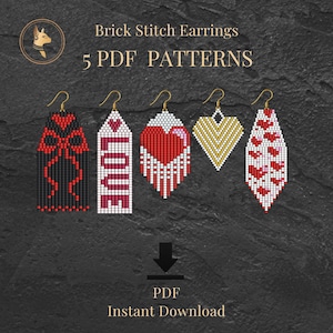 Pacote de Moldes para Brincos de Miçangas, Modelos em Ponto Tijolo para o Dia dos Namorados, 5 Moldes em PDF