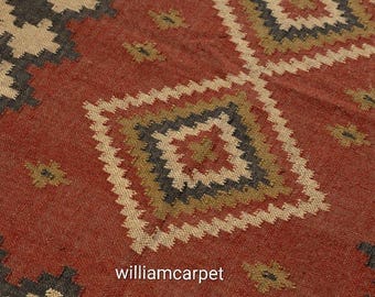 Handwoven Kilim Wool Rug, Geometric Dhurrie, Red Beige Tribal Carpet