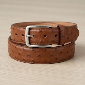 May include: A rolled brown leather belt with a silver buckle. The belt has a textured surface with small, evenly spaced dark brown spots. The belt is approximately 3.8 cm wide.
