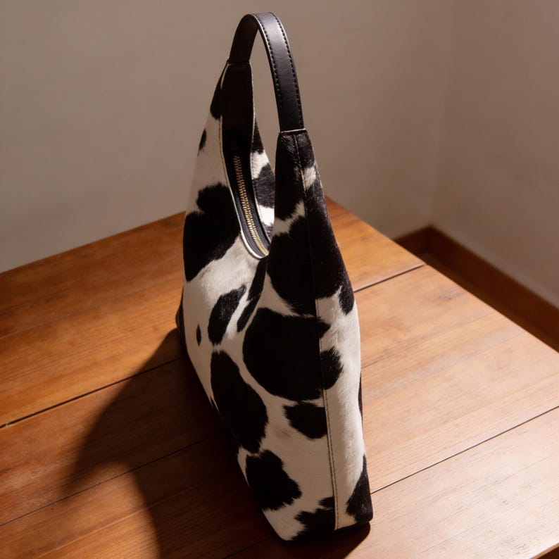 May include: A hobo-style shoulder bag featuring a black and white cow print pattern with a textured hair-on-hide finish. The bag includes a single black leather strap and a central gold-toned zipper closure along the top edge of the curved silhouette.