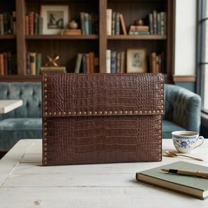 Embossed Crocodile Laptop Sleeve | Leather Computer Bag | Studded Envelope Cover