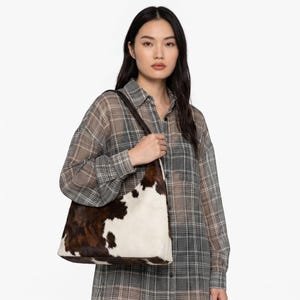Cowhide Hobo Bag | Handmade Slouchy Hair On Purse | Leather Cow Print Handbag | Hide Carry image 2