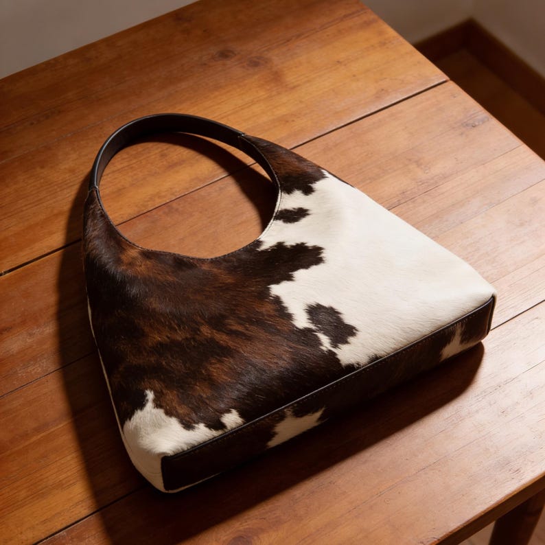 Cowhide Hobo Bag | Handmade Slouchy Hair On Purse | Leather Cow Print Handbag | Hide Carry Dark Brown & White
