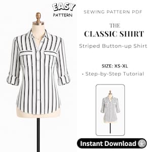 Classic Striped Button-Up Shirt Sewing Pattern | Women's Tailored Fit (PDF Download)