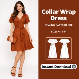 Puede incluir: Un vestido cruzado de color óxido con cuello en V y cintura anudada. El vestido tiene mangas cortas y una falda acampanada. La imagen también incluye un clutch y un patrón de costura PDF con el texto "Collar Wrap Dress" y "Instant Download."