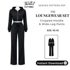 Bijgesneden hoodie en wijde broek naaipatroon | Loungekledingset, pdf (XS-XL)