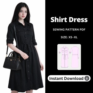 May include: Black shirt dress with long sleeves, a button-down front, and a tie waist. The dress has two chest pockets and is paired with a black handbag. Text on the image reads "Shirt Dress" and "SEWING PATTERN PDF".