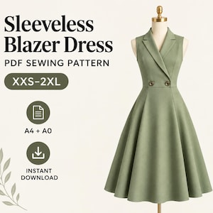 Puede incluir: Un vestido tipo blazer sin mangas en color verde salvia sobre un maniquí. El texto dice: Sleeveless Blazer Dress, PDF SEWING PATTERN, XXS-2XL, A4 + A0, INSTANT DOWNLOAD. El vestido presenta solapas, cierre frontal cruzado con dos botones y falda acampanada.