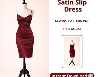 Vestido ajustado de satén con cuello drapeado, tallas XS–XXXL / Ideal para principiantes / Patrón en PDF