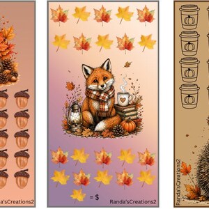 May include: Three vertical rectangular savings trackers featuring autumn themes. The first shows an otter with acorns, the second a fox with leaves, and the third a hedgehog with coffee cups. Each includes the text Randa'sCreations2.