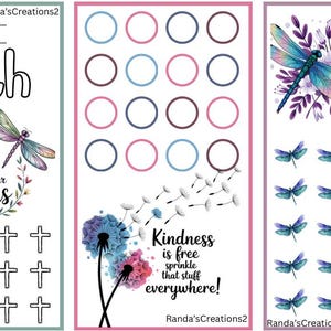 Könnte beinhalten: Drei vertikale rechteckige Spartracker mit Libellen- und Blumenillustrationen. Der erste zeigt Kreuze und den Text Faith, Let your faith be greater than your fears. Der zweite zeigt Kreise und Pusteblumen mit dem Text Kindness is free sprinkle that stuff everywhere. Der dritte zeigt Libellen und den Text Be your own kind of Beautiful.