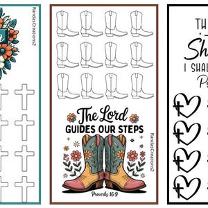 May include: Three rectangular tracking sheets featuring religious themes. The first has a teal cross with the word Faith and sixteen cross outlines. The second shows twelve cowboy boot outlines and two colorful boots with the text The Lord Guides Our Steps Proverbs 16:9. The third displays the text The Lord Is My Shepherd I Shall Not Want Psalm 23:1 and twelve heart outlines with small crosses.