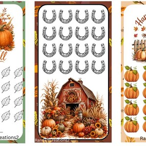 May include: Three vertical rectangular savings trackers featuring autumn themes. The first shows a golden retriever, pumpkins, and leaves with the text Happy Fall. The second displays horseshoes and a red barn. The third shows a scarecrow and pumpkins with the text Happy Fall Y'all. Each tracker includes rows of icons for tracking progress.