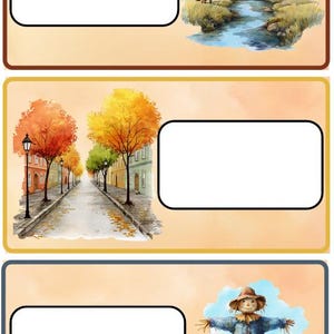 May include: Three rectangular labels with rounded corners and blank white centres. The top label features a fox by a stream and autumn trees. The middle label shows a street with colourful buildings and trees. The bottom label depicts a scarecrow in a pumpkin patch.