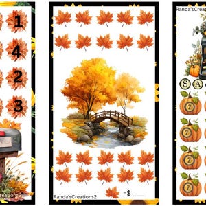May include: A set of three digital savings challenge trackers featuring autumn themes. The first shows a mailbox with flowers and numbered circles. The second displays a bridge over a stream with maple leaves. The third features a typewriter and pumpkins with circles labelled SAVE $32.