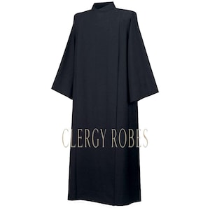 May include: A black clergy robe with a high collar and button closure. The robe has wide sleeves and a long, flowing design. The words "CLERGY ROBES" are printed in a light color at the bottom of the robe.