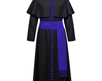 May include: Black clergy robe with a purple sash and trim. The robe features a high collar, a short cape, and a row of buttons down the front. The purple sash is wrapped around the waist and hangs down the front of the robe.