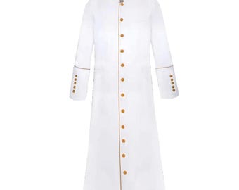 May include: A white clergy robe with a mandarin collar and long sleeves. The robe features gold-colored buttons down the front and gold trim along the edges of the sleeves and collar. The sleeves have five gold buttons at the cuffs.