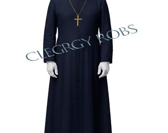 May include: A navy blue clergy robe with a button-down front and a gold cross pendant. The long-sleeved robe has a high collar and is worn with white gloves. The text "CLEGRGY ROBS" is visible in the image.