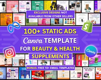 健康・美容・ウェルネスサプリメント、メタメディアバイイングデザイン、ソーシャルメディアマーケティングクリエイティブ向けのFacebook静止広告Canvaテンプレート100種類以上