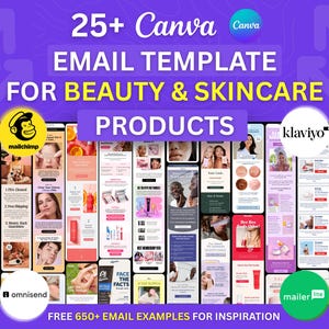 Plus de 25 modèles d'e-mails Canva pour produits de soin de la peau, campagnes de marketing par e-mail de marques de beauté, Flodesk Klaviyo, Newsletter Mailchimp, automatisation des e-mails