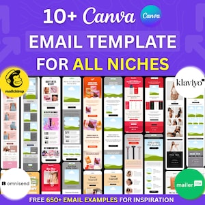 May include: A purple graphic promoting email templates for various niches, with the text "10+ Canva Email Template for All Niches" and "Free 650+ Email Examples for Inspiration." Includes logos for Mailchimp, Klaviyo, and others.