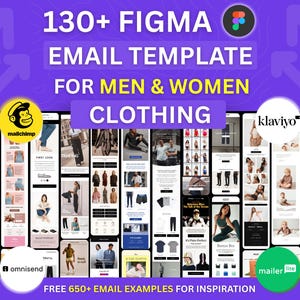 May include: An image promoting email templates for clothing, with the text "130+ FIGMA EMAIL TEMPLATE FOR MEN & WOMEN CLOTHING." It displays examples of emails with clothing and logos such as Mailchimp and Klaviyo.