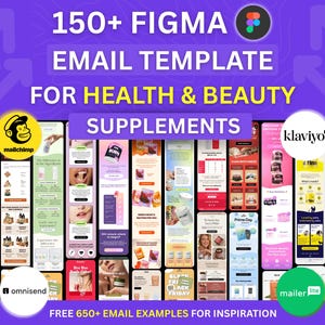 Op de afbeelding: Een promotieafbeelding met 150+ Figma e-mailsjablonen voor gezondheids- en schoonheidssupplementen. Het ontwerp toont verschillende e-mailvoorbeelden met logo's zoals Mailchimp, Klaviyo en Omnisend. Tekst bevat "Gratis 650+ e-mailvoorbeelden ter inspiratie."