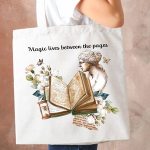 Magic Lives Between the Pages Tote Bag, Vintage Book Lover Canvas Bag, Literary Aesthetic Gift for Readers, Cottagecore Bookish Tote Gift