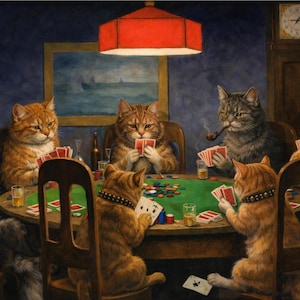 May include: A whimsical painting depicts a poker game with anthropomorphic cats. The cats, with various fur colors, are seated around a green felt table, playing cards. A pipe-smoking cat adds to the scene's playful atmosphere. The room has a dark blue wall.