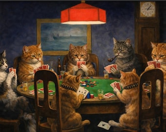 May include: A whimsical painting depicts a poker game with anthropomorphic cats. The cats, with various fur colors, are seated around a green felt table, playing cards. A pipe-smoking cat adds to the scene's playful atmosphere. The room has a dark blue wall.