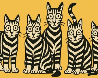 May include: Illustration of five stylized cats with black and white striped patterns on a yellow background. The cats have large, round eyes and are in various poses, some standing and some sitting.