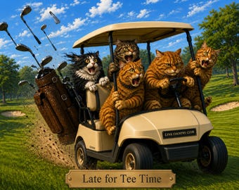 May include: A beige golf cart with four cats inside, including one driving, and a brown golf bag with clubs flying out. The cart features a black sign reading LYNX COUNTRY CLUB and a gold plaque at the bottom with the text Late for Tee Time.