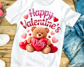 Glitter Valentines Day PNG, Rhinestone Teddy Bear Shirt Design, Sparkling Happy Valentine Sublimation, Fluffy Bear Heart, Digital Download