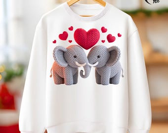 3D Knit Elephant Valentine PNG, Faux Yarn Valentine Shirt Design, Crochet Elephants Sublimation, Cute Couple Print, Heart Graphic, Love