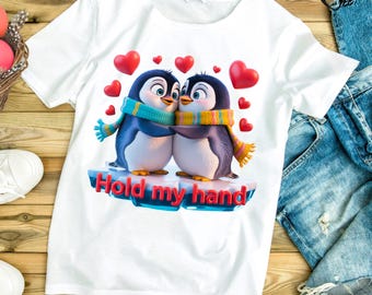 3D Penguin Valentine PNG, Hold My Hand Cute Shirt Design, Cartoon Penguin Sublimation, Valentine Graphic, Romantic Heart PNG, Cute Animal