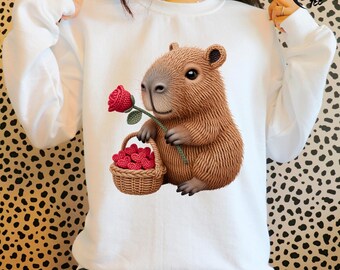 3D Knit Capybara Valentine PNG, Faux Yarn Capybara Rose Shirt Design, Crochet Animal Sublimation, Textured Puff Print, Cute Animal, Heart