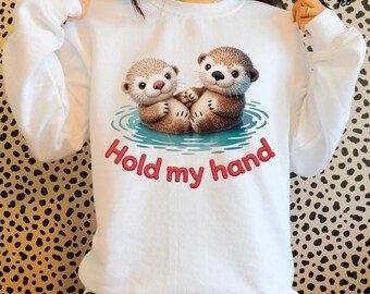 Valentine Shirt Design PNG, Hold My Hand Otters Cute Romantic Couple Sublimation Download, Valentine Animal PNG, Love PNG, Otter, Watercolor