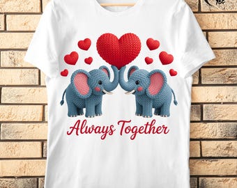 3D Knit Elephant Valentine PNG, Faux Yarn Always Together Shirt Design, Crochet Elephants Sublimation, Cute Couple Print, Heart Graphic Love